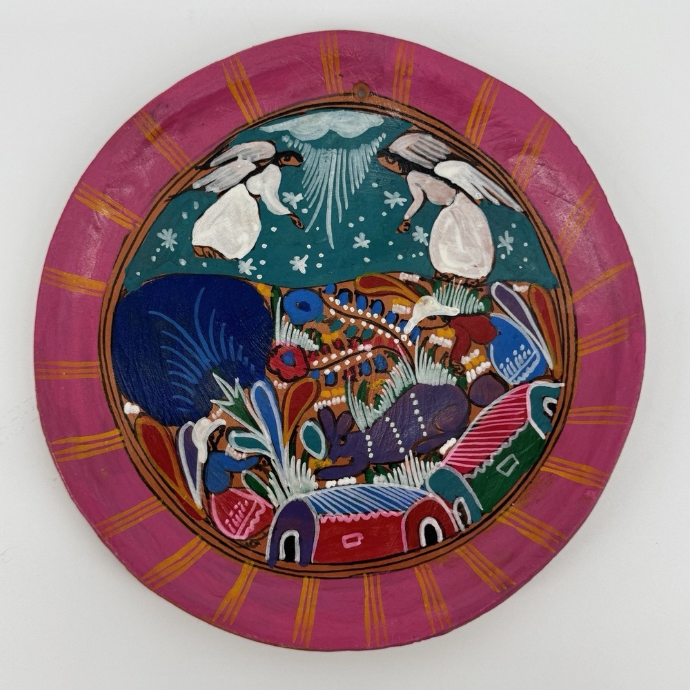 Hand Painted Mexican Folk Art 2 Angels Over Village Wall Art Plaque Boho Whimsy